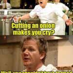 The trick to cutting onions | Cutting an onion makes you cry? Well, you shouldn’t have formed an emotional bond with it | image tagged in gordon ramsey is sorry,memes,onion,gordon ramsey,cutting,crying | made w/ Imgflip meme maker