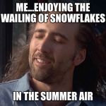Crying Snowflakes  | ME...ENJOYING THE WAILING OF SNOWFLAKES; IN THE SUMMER AIR | image tagged in nicholas cage wind in hair | made w/ Imgflip meme maker