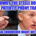 Trey Gowdy, Steele Russia Dossier So Phony the "National Enquirerer might not run it" | PER GOWDY, THE STEELE DOSSIER IS SO PATENTLY PHONY THAT THE; "NATIONAL ENQUIRERER MIGHT NOT RUN IT" | image tagged in trey gowdy,national enquirer,dossier,trump russia collusion,phony,robert mueller | made w/ Imgflip meme maker