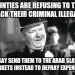 W. C. In Bar | COUNTIES ARE REFUSING TO TAKE BACK THEIR CRIMINAL ILLEGALS; I SAY SEND THEM TO THE ARAB SLAVE MARKETS INSTEAD TO DEFRAY EXPENESES | image tagged in w c in bar | made w/ Imgflip meme maker
