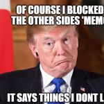 Trump dumbfounded | OF COURSE I BLOCKED THE OTHER SIDES 'MEMO'; IT SAYS THINGS I DONT LIKE | image tagged in trump dumbfounded | made w/ Imgflip meme maker