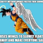 angel goku | CAN FLY WITHOUT WINGS FASTER THEN SOUND; USES WINGS TO SLOWLY FLOAT AWAY AND MAKE EVERYONE SAD | image tagged in angel goku | made w/ Imgflip meme maker