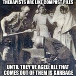 Education isn't enough. | THERAPISTS ARE LIKE COMPOST PILES; UNTIL THEY'VE AGED, ALL THAT COMES OUT OF THEM IS GARBAGE | image tagged in hammer therapy | made w/ Imgflip meme maker