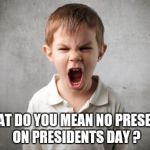 Mutant Spawn of the Snowflakes - part 2 | WHAT DO YOU MEAN NO PRESENTS ON PRESIDENTS DAY ? | image tagged in angry kid,snowflakes,millennials,misunderstanding | made w/ Imgflip meme maker