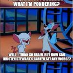 Are You Pondering What I'm Pondering | PINKY, ARE YOU PONDERING WHAT I'M PONDERING? WELL, I THINK SO BRAIN. BUT HOW CAN KRISTEN STEWART'S CAREER GET ANY WORSE? | image tagged in are you pondering what i'm pondering,pinky and the brain | made w/ Imgflip meme maker