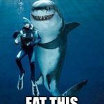 Never go alone | IT’S DANGEROUS TO SWIM ALONE; EAT THIS | image tagged in shark buddy,diver,eat a snickers | made w/ Imgflip meme maker