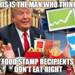 Trump On Food Stamp Recipients  | THIS IS THE MAN WHO THINKS; FOOD STAMP RECIPIENTS DON'T EAT RIGHT | image tagged in trump,food stamps,trump budgets,food packages | made w/ Imgflip meme maker