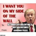 Trump Wall Valentine | ALL WHO SAY VALENTINE'S - NOT VALENTIMES; GRAMMAR POLICE | image tagged in trump wall valentine | made w/ Imgflip meme maker