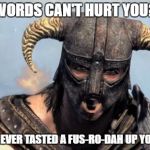 Dragonborn | WORDS CAN'T HURT YOU? YOU'VE NEVER TASTED A FUS-RO-DAH UP YOUR ARSE | image tagged in dragonborn | made w/ Imgflip meme maker