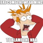Panic | HERE COME THE WEAK MINDS; TO BLAME THE NRA | image tagged in panic | made w/ Imgflip meme maker