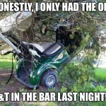 Golf Cart in Tree | HONESTLY, I ONLY HAD THE ONE; G&T IN THE BAR LAST NIGHT!!! | image tagged in golf cart in tree | made w/ Imgflip meme maker