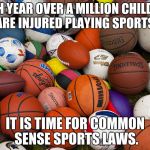 sports balls | EACH YEAR OVER A MILLION CHILDREN ARE INJURED PLAYING SPORTS. IT IS TIME FOR COMMON SENSE SPORTS LAWS. | image tagged in sports balls | made w/ Imgflip meme maker