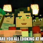 Minecraft Story Mode Image 4 | WHAT ARE YOU ALL LOOKING AT ME FOR? | image tagged in minecraft story mode image 4 | made w/ Imgflip meme maker