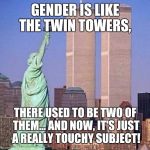 Nuts and bolts | GENDER IS LIKE THE TWIN TOWERS, THERE USED TO BE TWO OF THEM... AND NOW, IT'S JUST A REALLY TOUCHY SUBJECT! | image tagged in twin towers,gender,funny,wtc | made w/ Imgflip meme maker