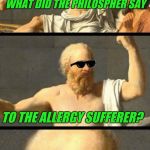 socrates sunglasses | WHAT DID THE PHILOSPHER SAY; TO THE ALLERGY SUFFERER? SNEEZE THE DAY | image tagged in socrates sunglasses | made w/ Imgflip meme maker