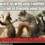 taxidermy squirrel backstab | Beware of who you confide in! Instead of having your back, They may stab you in the back! | image tagged in taxidermy squirrel backstab | made w/ Imgflip meme maker