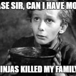 Begging | PLEASE SIR, CAN I HAVE MORE?... NINJAS KILLED MY FAMILY | image tagged in begging | made w/ Imgflip meme maker