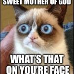 Grumpy Cat Shocked | SWEET MOTHER OF GOD; WHAT’S THAT ON YOU’RE FACE | image tagged in grumpy cat shocked | made w/ Imgflip meme maker