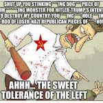 Ahh, the left, the tolerant left | SHUT UP YOU STINKING ****ING DOG**** PIECE OF SCUM**** ****ING MONSTER FOR HITLER-TRUMP'S INTENTION TO DESTROY MY COUNTRY, YOU ****ING ****-HOLE ****ING STINK-ROD OF LOSER-NAZI REPUBLICAN PIECES OF ****. NOW, DIE. AHHH... THE SWEET TOLERANCE OF THE LEFT | image tagged in tolerance,leftists,politics,memes | made w/ Imgflip meme maker
