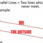 Well at least during the weekends... | ME; THE OUTSIDE | image tagged in parellel lines,memes,outside,introvert | made w/ Imgflip meme maker