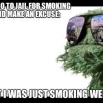 Oscar the Grouch is Made from Weed | WHEN YOU GO TO JAIL FOR SMOKING WEED AND MAKE AN EXCUSE:; BUT I WAS JUST SMOKING WEED? | image tagged in oscar the grouch is made from weed | made w/ Imgflip meme maker