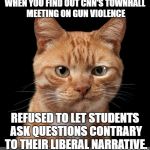 CNN barred one of the hero's of the Florida shooting spree from asking his questions because they didn't fit the narrative. | WHEN YOU FIND OUT CNN'S TOWNHALL MEETING ON GUN VIOLENCE; REFUSED TO LET STUDENTS ASK QUESTIONS CONTRARY TO THEIR LIBERAL NARRATIVE. | image tagged in smirking cat2,gun control,gun violence,liberal media,media bias | made w/ Imgflip meme maker