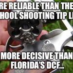 revolver | MORE RELIABLE THAN THE FBI SCHOOL SHOOTING TIP LINE. MORE DECISIVE THAN FLORIDA’S DCF... | image tagged in revolver | made w/ Imgflip meme maker