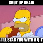 Shut up brain, or I'll stab you with a Q-tip! | SHUT UP BRAIN; OR I'LL STAB YOU WITH A Q-TIP! | image tagged in shut up brain or i'll stab you with a q-tip! | made w/ Imgflip meme maker