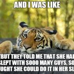 Very Terrible Tiger | AND I WAS LIKE; "BUT THEY TOLD ME THAT SHE HAD SLEPT WITH SOOO MANY GUYS, SO I THOUGHT SHE COULD DO IT IN HER SLEEP" | image tagged in terrible tiger,nsfw,rape | made w/ Imgflip meme maker