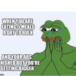 sad frog feelings | WHEN YOU ARE EATING 5 MEALS A DAY TO BULK; AND YOUR ABS VANISHED BUT YOU'RE GETTING BIGGER | image tagged in sad frog feelings | made w/ Imgflip meme maker