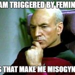 Thinking hard | IF I AM TRIGGERED BY FEMINISM; DOES THAT MAKE ME MISOGYNIST? | image tagged in thinking hard | made w/ Imgflip meme maker