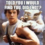 Luke And Yoda | TOLD YOU I WOULD FIND YOU, DID I NOT? | image tagged in luke and yoda | made w/ Imgflip meme maker