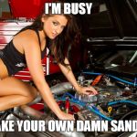 fake/real girl mechanic | I'M BUSY; GO MAKE YOUR OWN DAMN SANDWICH | image tagged in fake/real girl mechanic | made w/ Imgflip meme maker