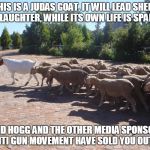 This is a Judas Goat it will lead Sheep to Slaughter, while its own life is spared... | THIS IS A JUDAS GOAT, IT WILL LEAD SHEEP TO SLAUGHTER, WHILE ITS OWN LIFE IS SPARED... DAVID HOGG AND THE OTHER MEDIA SPONSORED ANTI GUN MOVEMENT HAVE SOLD YOU OUT!!! | image tagged in judas goat,david hogg,media,povementropaganda,antigun,m | made w/ Imgflip meme maker