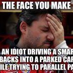 Smartcar ain't idiot proof | THE FACE YOU MAKE; WHEN AN IDIOT DRIVING A SMARTCAR BACKS INTO A PARKED CAR WHILE TRYING TO PARALLEL PARK. | image tagged in tony stewart frustrated,smart,bad drivers,memes,parallel parking,funny car crash | made w/ Imgflip meme maker