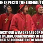 We've All Encountered Them | NO ONE EXPECTS THE LIBERAL TROLLS; AMONGST OUR WEAPONS ARE COP OUTS, NAME CALLING, COMPARISONS TO TRUMP, AND FALSE ACCUSATIONS OF BIGOTRY | image tagged in no one expects the spanish inquisition,liberal trolls | made w/ Imgflip meme maker