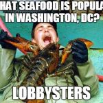 Bad Pun Crustacean | WHAT SEAFOOD IS POPULAR IN WASHINGTON, DC? LOBBYSTERS | image tagged in lobster,lobbying,seafood,washington dc,washington,puns | made w/ Imgflip meme maker