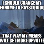 i should cat | I SHOULD CHANGE MY USERNAME TO RAYSTUDIOOBC; THAT WAY MY MEMES WILL GET MORE UPVOTES | image tagged in i should cat | made w/ Imgflip meme maker