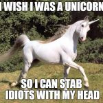 Unicorns | I WISH I WAS A UNICORN; SO I CAN STAB IDIOTS WITH MY HEAD | image tagged in unicorns | made w/ Imgflip meme maker