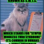 DOCTOR CAT | HUMAN YOU HAVE A DISEASE KNOWN AS S.M.T.S. WHICH STANDS FOR "STUPID MINDLESS TURD SYNDROME" IT'S COMMON IN HUMANS & YOU'LL EVENTUALLY DIE FROM BEING A STUPID TURD! | image tagged in doctor cat | made w/ Imgflip meme maker