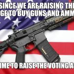 AR-15 and USA Flag | SINCE WE ARE RAISING THE AGE TO BUY GUNS AND AMMO; ITS ABOUT TIME TO RAISE THE VOTING AGE AS WELL!! | image tagged in ar-15 and usa flag | made w/ Imgflip meme maker