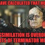 Borg | WE HAVE CALCULATED THAT HUMAN; ASSIMILATION IS OVERDUE BY LOTS OF TERMINATOR MOVIES | image tagged in borg | made w/ Imgflip meme maker