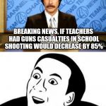 not like the news would tell us this anyway | BREAKING NEWS, IF TEACHERS HAD GUNS CASUALTIES IN SCHOOL SHOOTING WOULD DECREASE BY 85%; YOU DON'T SAY | image tagged in breaking news you don't say,memes,funny memes,gun control | made w/ Imgflip meme maker