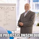 Hide The Pain Project Manager | THE PROJECT IS ON SCHEDULE! | image tagged in hide the pain project manager,memes,ha ha its not | made w/ Imgflip meme maker