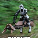 Speeder bike | SO WHICH RIGHT-WING NUT JOBS; HEAD IS THIS? | image tagged in speeder bike | made w/ Imgflip meme maker