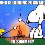 Anybody looking forward to summer? | WHO IS LOOKING FORWARD; TO SUMMER? | image tagged in snoopy woodstock campfire,memes,summer,snoopy,summer memes | made w/ Imgflip meme maker