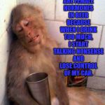 That Explains It | I AM CERTAIN THERE ARE FEMALE HORMONES IN BEER BECAUSE WHEN I DRINK TOO MUCH, I START TALKING NONSENSE AND LOSE CONTROL OF MY CAR. | image tagged in drunk monkey,animals,memes,funny,monkey | made w/ Imgflip meme maker