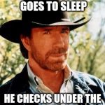 Chuck Norris | WHEN CHUCK NORRIS GOES TO SLEEP; HE CHECKS UNDER THE BED FOR APRIL JONES | image tagged in chuck norris | made w/ Imgflip meme maker