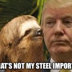 Political advice sloth | THAT’S NOT MY STEEL IMPORTS | image tagged in political advice sloth,memes,hi from canada | made w/ Imgflip meme maker