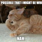CAT DEBATE | IS IT POSSIBLE THAT I MIGHT BE WRONG? NAH. | image tagged in cat debate | made w/ Imgflip meme maker